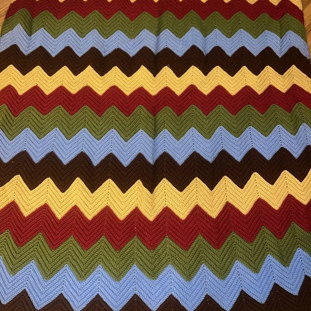 Vtg Handmade Retro Afghan Blanket Zig Zag Chevron Blue Green Yellow Red 77 X 52”